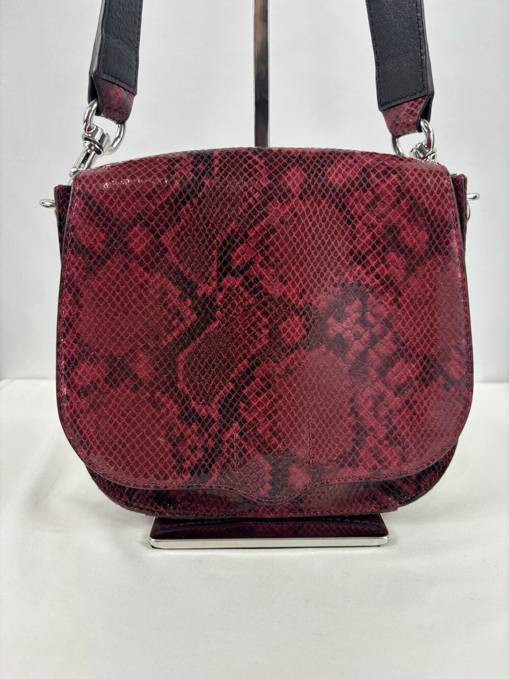 Rebecca Minkoff Sunday Large Saddle Crossbody Bag Red Black Snakeskin Leather